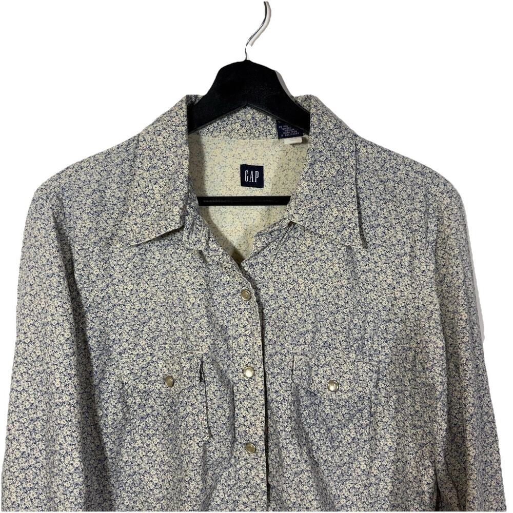 GAP Western Shirt Blue Floral Pearl Snaps M Rodeo Ranch Pockets Vtg 3/4 Sleeve